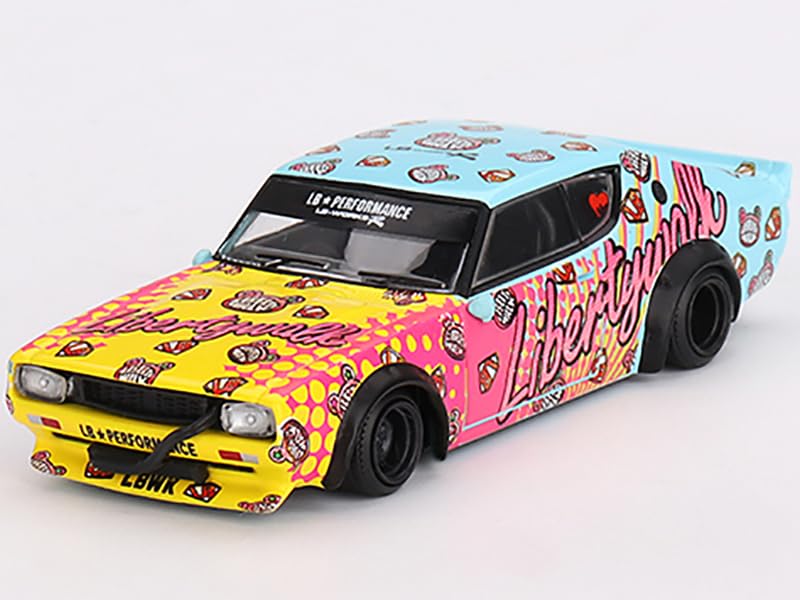 Skyline Kenmeri Liberty Walk RHD (Right Hand Drive) Kuma Light Blue and Yellow with Graphics Limited Edition 1/64 Diecast Model Car by Mini GT