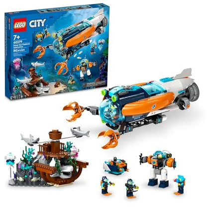 LEGO City Deep-Sea Explorer Submarine 60379 Building Toy Set, Ocean Submarine Playset with Shipwreck Setting, 6 Minifigures and 3 Shark Figures for