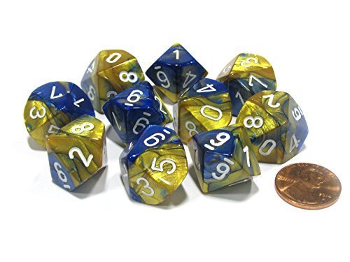 Chessex Dice Sets: Gemini Blue & Gold with White - Ten Sided Die d10 Set (10)