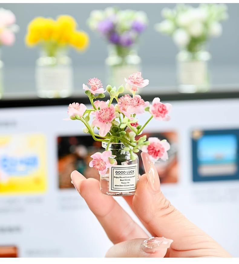 2Pcs Miniature Flower Vases with Peach Blossoms - Handmade Dollhouse Vases for Micro Landscape, Resin Floral Decorations for Fairy Garden Scenes, Home