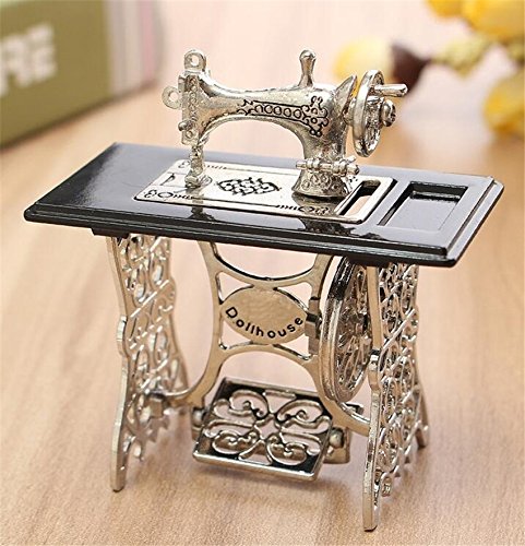 EatingBiting 1/12 1:12 Scale mini House Miniatures Furniture Vintage Silver Sewing Machine Table Metal, Sewing Machine Pedal Can Move, Worth