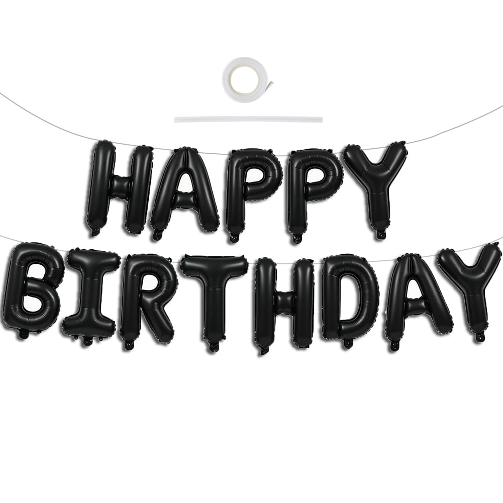 TONIFUL Black Happy Birthday Balloons Banner Decoration 16 Inch Mylar Foil Letters Birthday Sign Banner Bunting Reusable for 30th 40th 50th 60th Men