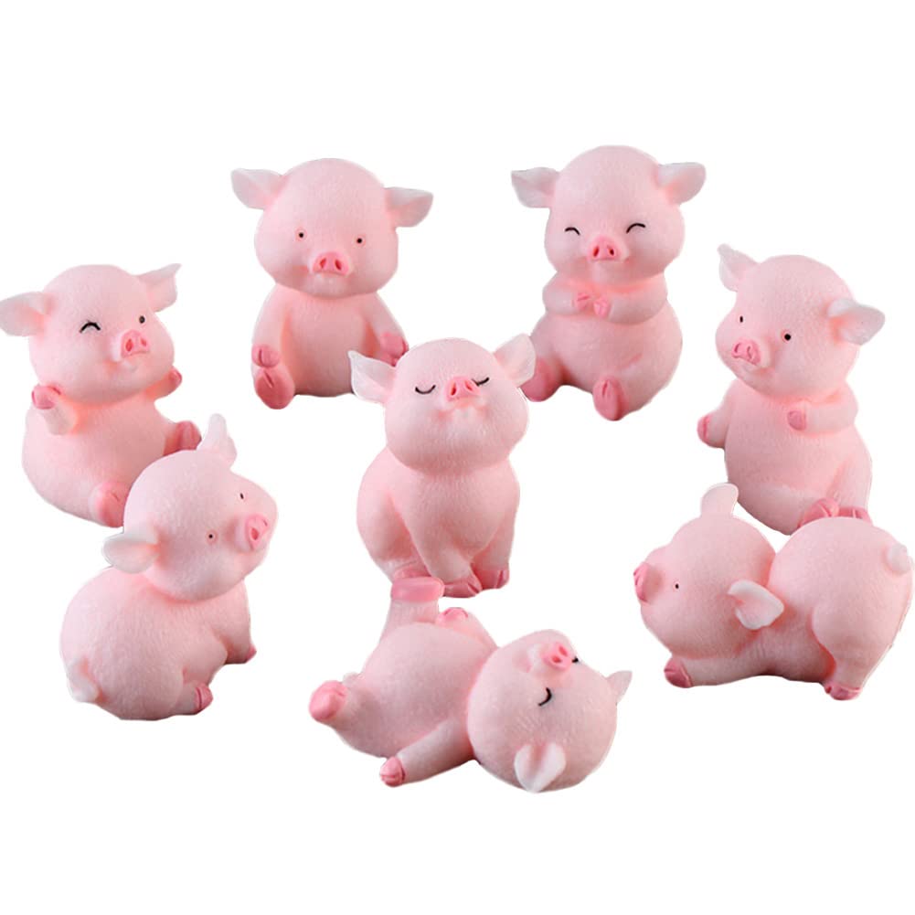 Miniature Pig Figurines 8 Pcs, Cute Pink Piggy Toy Figures Cake Toppers for Fairy Garden Decor Christmas Desk Decoration