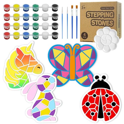 Stepping Stones Painting Kit for Kids, 4 Pack DIY Garden Rocks Art Craft Activity for Children Ages 4-8 Outdoor Paint Gift(Set F)