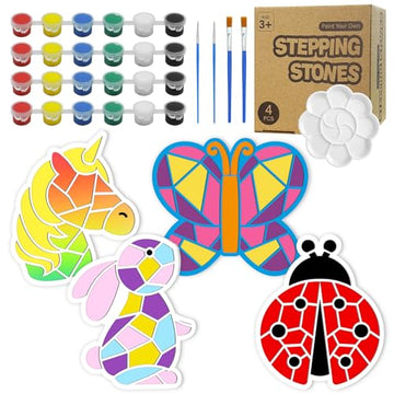 Stepping Stones Painting Kit for Kids, 4 Pack DIY Garden Rocks Art Craft Activity for Children Ages 4-8 Outdoor Paint Gift(Set F)