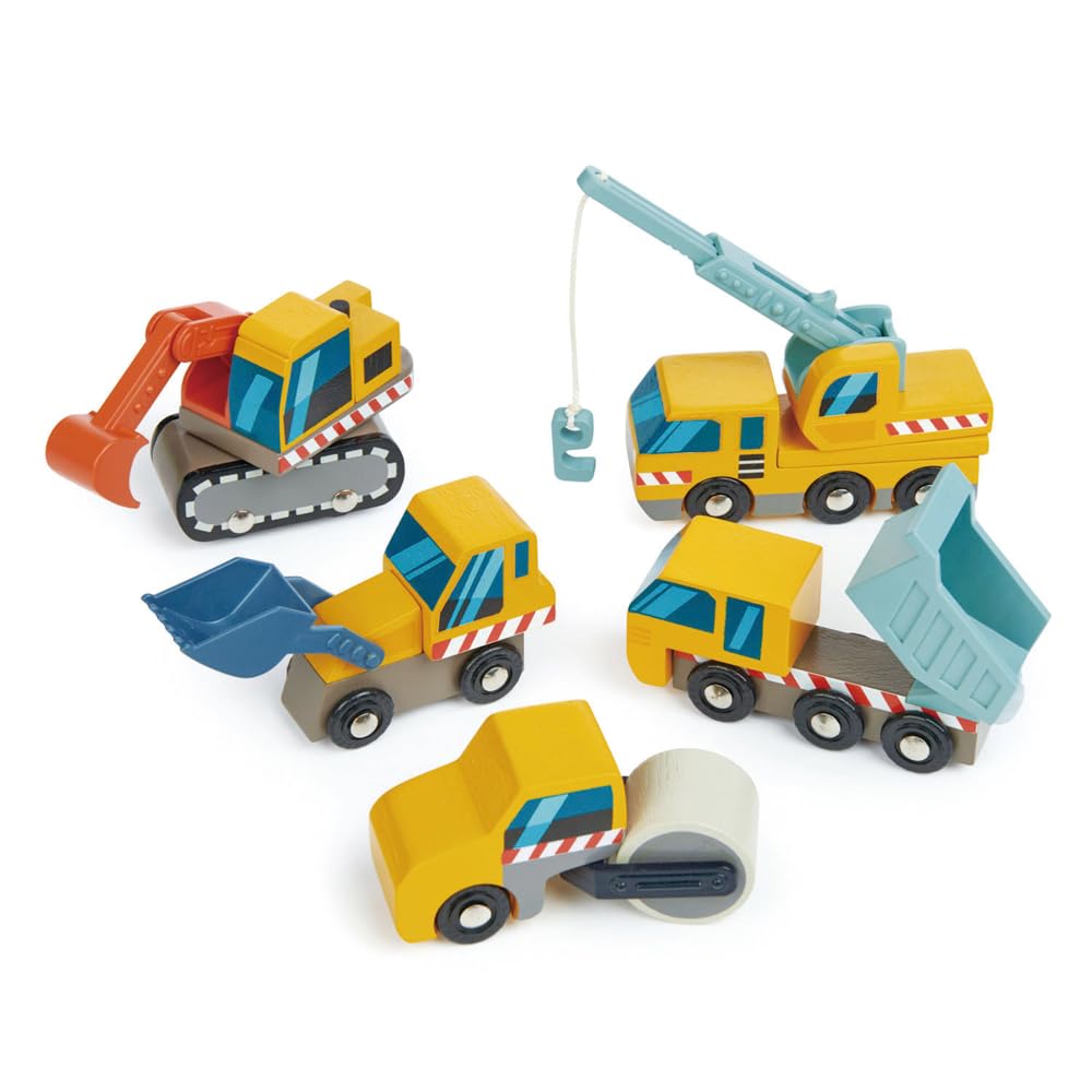Tender Leaf Toys - Construction Site - Four Heavy Vehicles with Crane Truck, Road Roller, Dump Truck and Front Loader - Build Your Own Construction