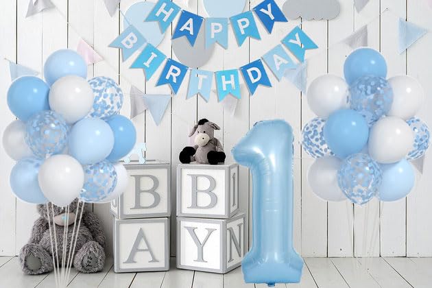 Baby Blue White Balloons And 40inch 1 Balloon, First Birthday Decorations For boy With blue White Confetti Balloons, Happy Birthday Banner Large 1