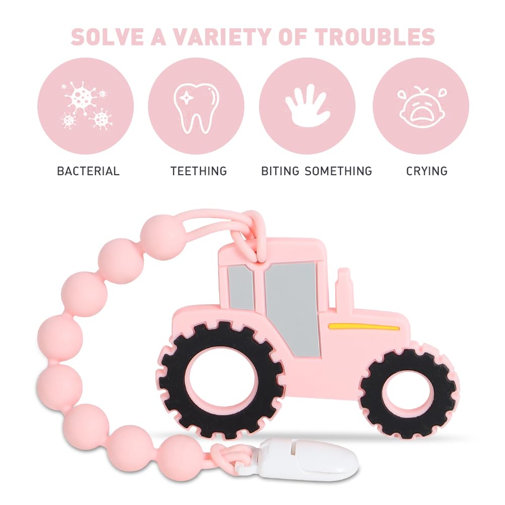 Baby Tractor Teething Toys,Food Grade Silicone Teether with One-Piece Pacifier Clip Holder,Baby Gift,Highly Effective Pain Relief for 3 Months+ Boy