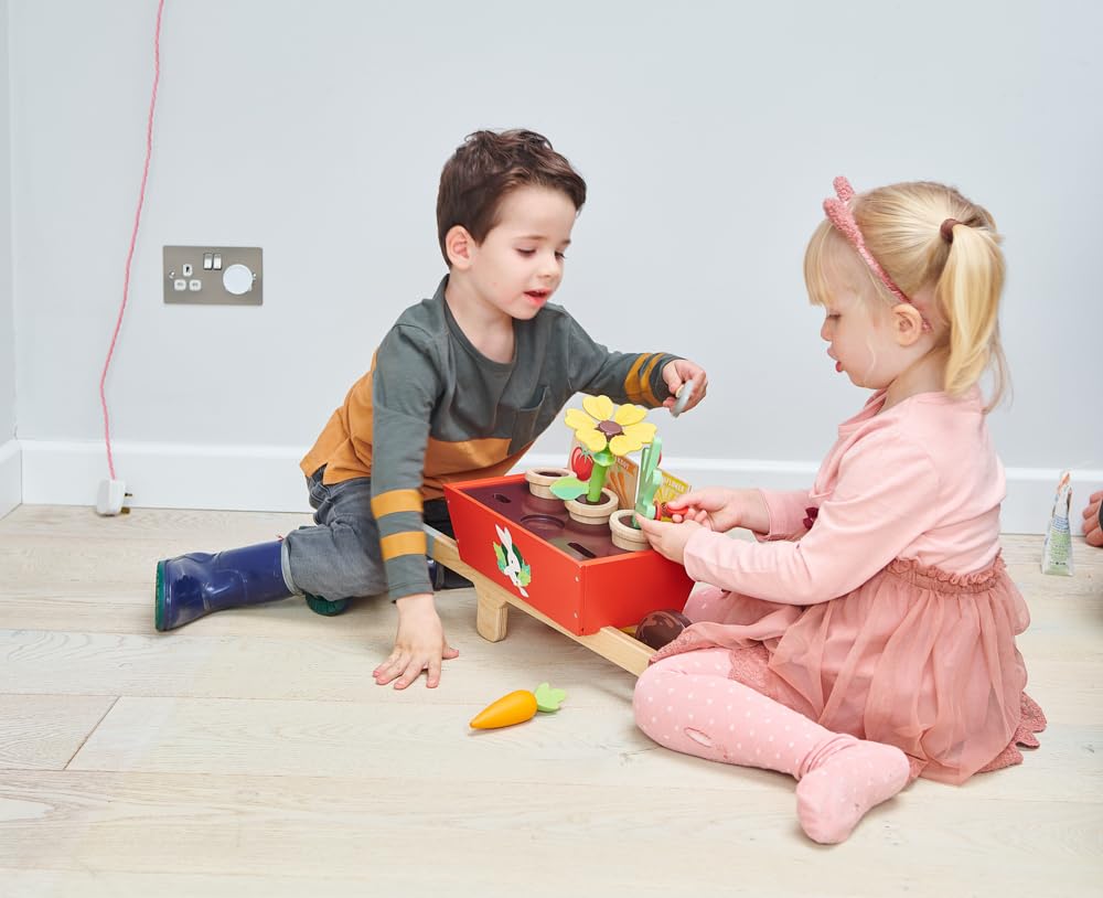 Tender Leaf Toys Garden Wheelbarrow Set - Deluxe Wooden Gardening Toy with Tools & Accessories - Supports Learning, Creativity & Outdoor Role Play