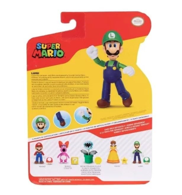 Super Mario Luigi 4 Inch Action Figure with 1-Up Mushroom