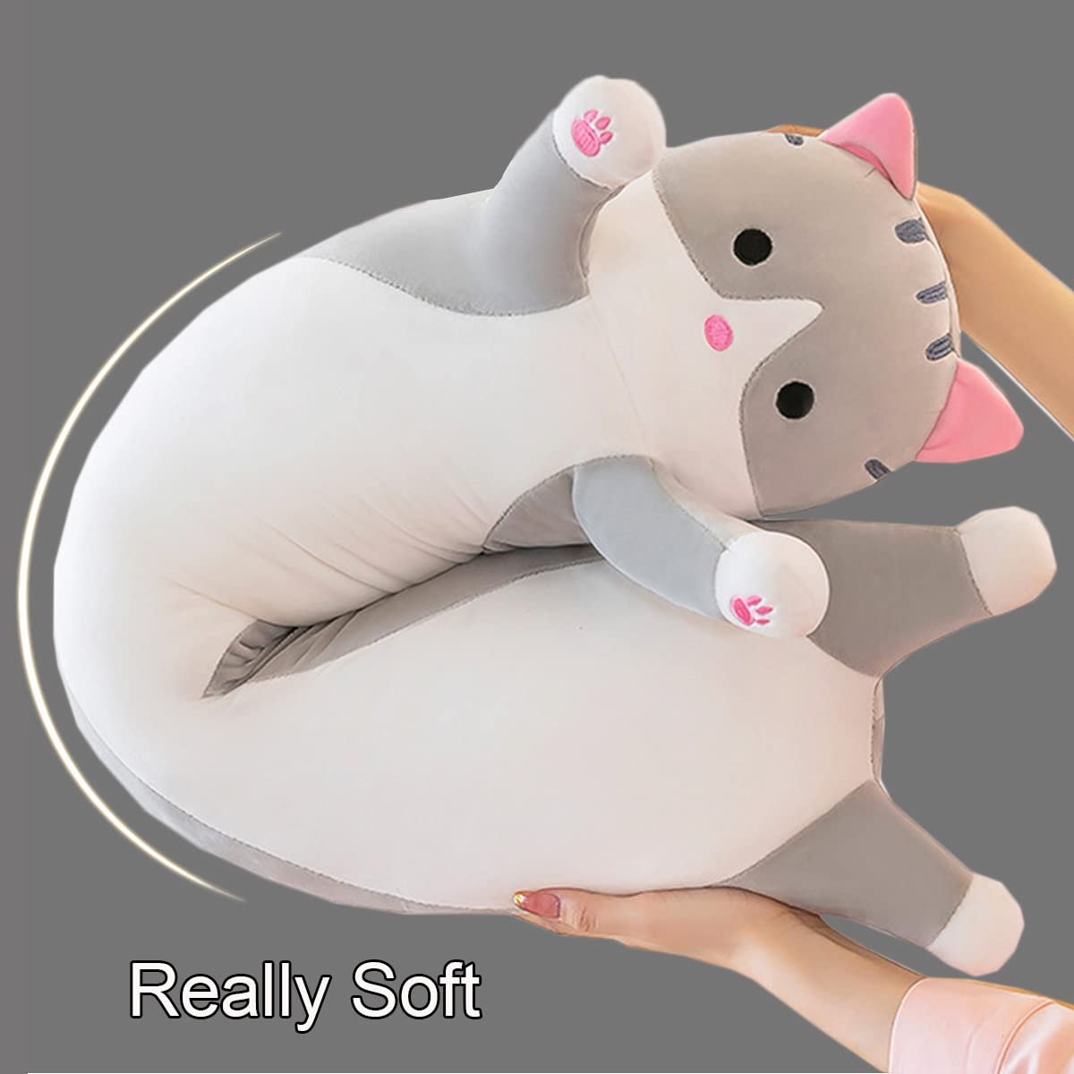 Giant Cat Pillow Plush Cartoon Kitty Sleeping Hugging Pillow, Cuddly Soft Long Kitten Body Pillow Doll Cat Cushion Toy for Kids Girlfriend (Gray