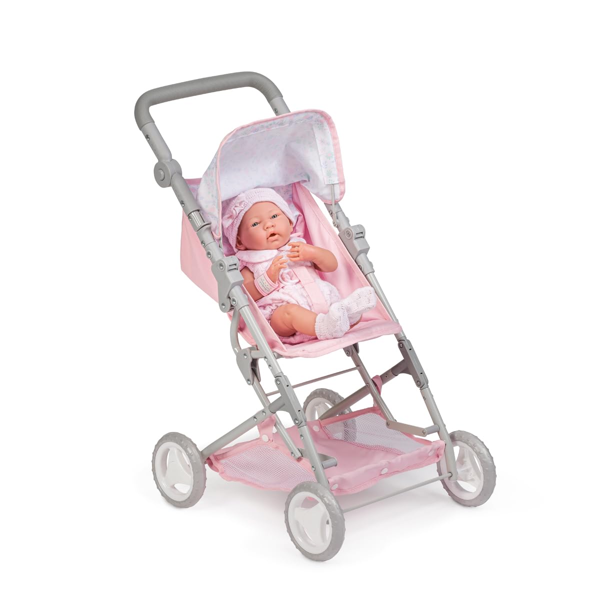 JC Toys - Berenguer Boutique | Fashionable Stroller with Canopy and Storage | Simple Folding |Pink Floral Collection | for Dolls up to 18" | Ages 3+