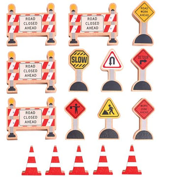 16 Pc Wooden Construction Signs and Traffic Cones - Construction Site Road Signs -Community Helpers Educational Preschool Street Track Accessories