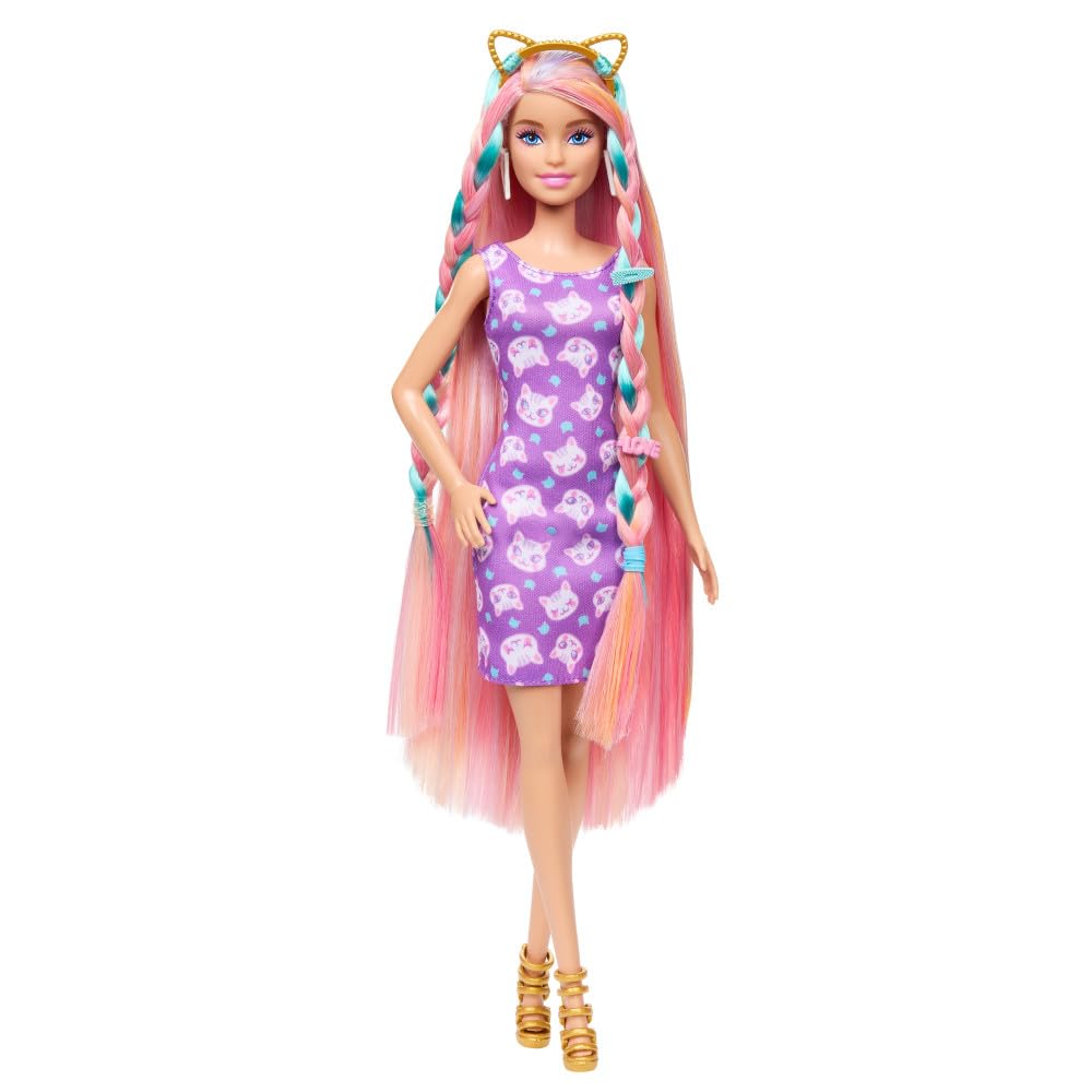 Barbie Doll with Extra-Long Blonde Rainbow Hair & Color-Block Polka Dot Dress, Plus 10 Hair & Fashion Accessories