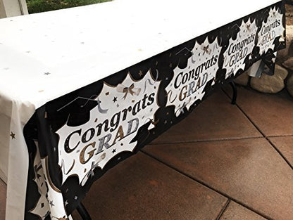Oojami 3 Pack Black and Gold Graduation Tablecloths with Congrats Grad Banner - 54" x 108" | 2025 Graduation Party Supplies, Large Plastic Table