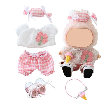Clothes for Labubu Doll,Clothes for Dolls Accessories,Four-Leaf Clover Candy Summer Replacement Outfit Set 5 Pieces Suitable for Labubu 15&17cm