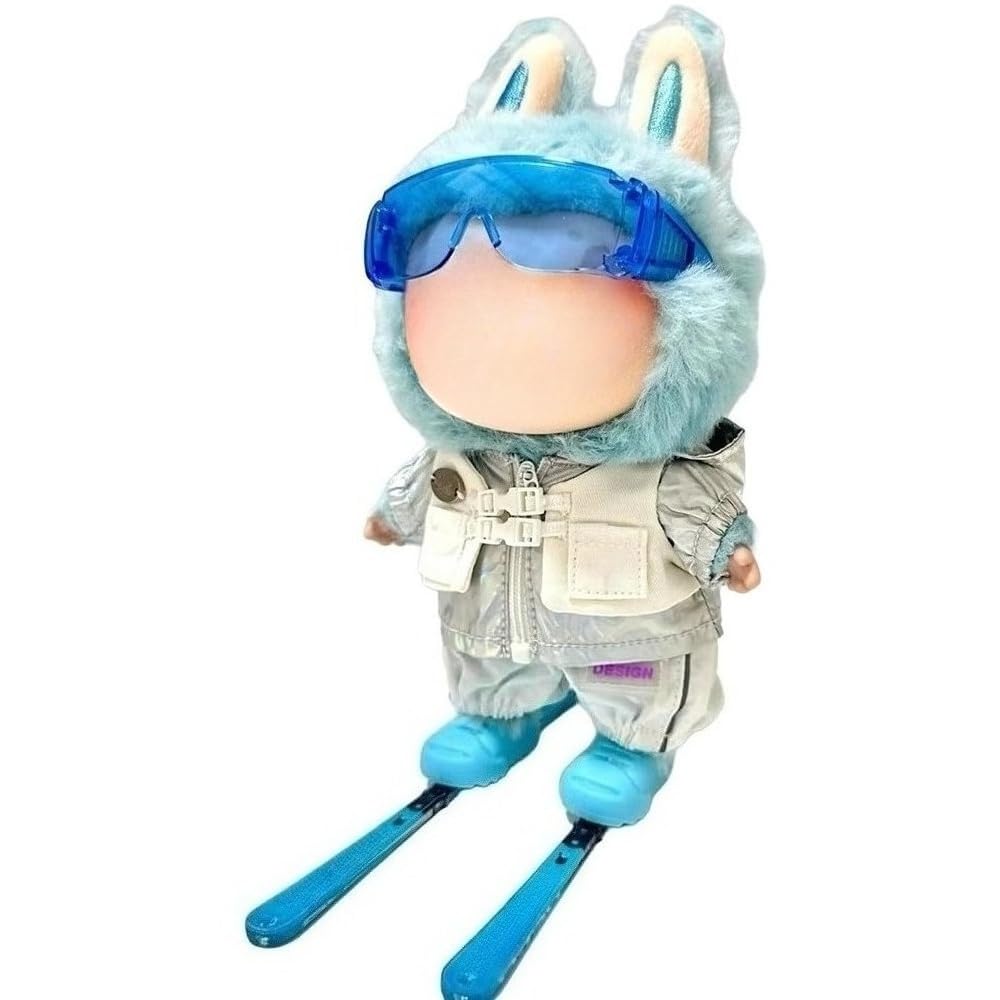 Clothes for Labubu Winter 4-Piece Ski Set - Ski Goggles,Jacket & Snow Pants and Twin Skis,Perfect for 17cm Dolls(No Doll) (Blue)