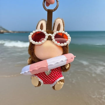 Clothes for Labubu 3-Piece Summer Beach Swim Set - Durable Fabric with Swimsuit,Swim Ring & Sunglasses,Perfect for 17cm Dolls(No Doll) (Red)
