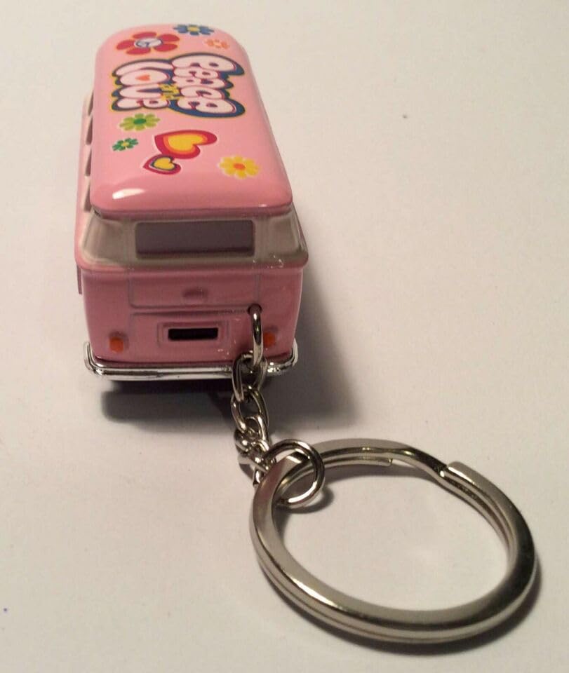 KiNSMART 1962 Volkswagen Classic Hippie Love & Peace Bus 1:64 Scale 2.5 Inch Die Cast Metal Model Key Chain, Pullback Action (Pink)