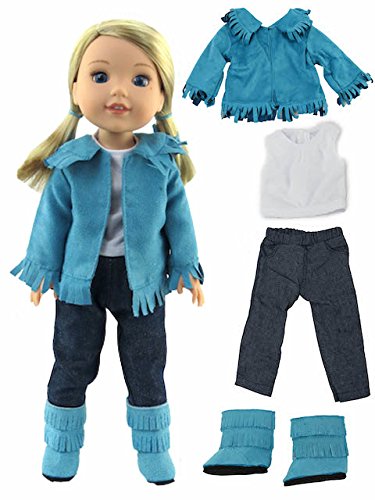 American Fashion World Teal Fringe Western Outfit for 14-Inch Dolls | 4 Piece Set | Premium Quality & Trendy Design | Dolls Clothes | Outfit Fashions