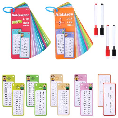 30PCS Reusable Addition and Subtraction Flash Cards with 4 Dry Erase Pens 2 Rings,Math Flash Cards for 1st to 3rd Grades,Math Games for Classroom