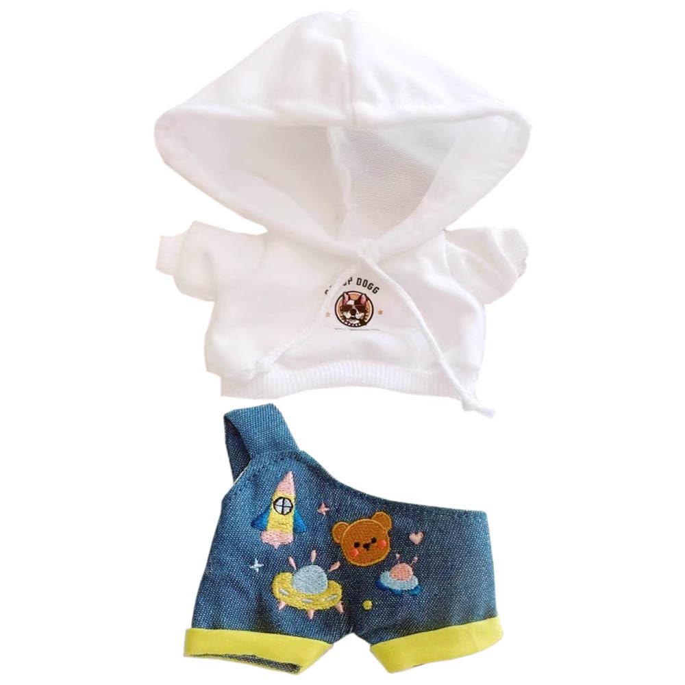 niannyyhouse White Hoodie One Shoulder Denim Strap Pants 10cm~15cm 20cm 40cm Plush Doll Outfit Dolls Dress Up Accessories (White 20cm)