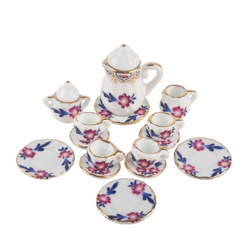 NW 1 Set 15 Pieces 1:12 Ceramics Tea Cup Set Lovely Dollhouse Decoration Set Dollhouse Kitchen Accessories(#8)