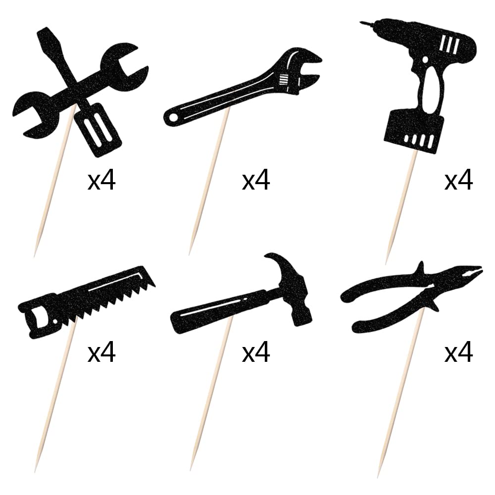 24PCS Tools Cupcake Topper?Wrench Hammer Drill Pliers Handsaw Tape Measure Screwdriver Construction Tools Cake Decorating?Boys Men Birthday Cake