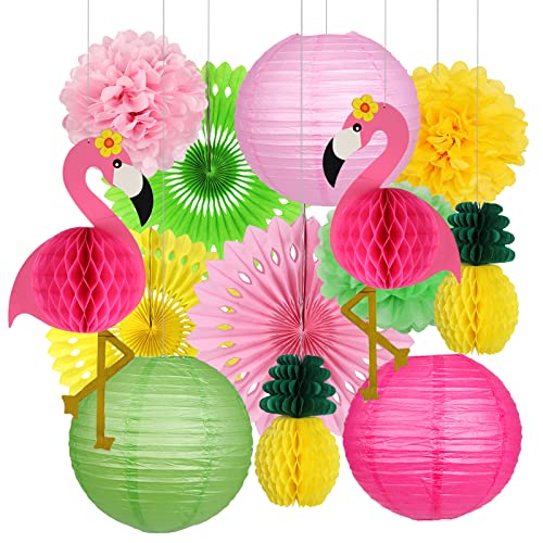 YUNXUAN Flamingo Party Supplies, Hawaiian Party Decorations Flamingo and Pineapple Honeycomb Ball Paper Lanterns Paper Fans Pom poms Flowers