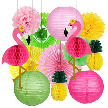 YUNXUAN Flamingo Party Supplies, Hawaiian Party Decorations Flamingo and Pineapple Honeycomb Ball Paper Lanterns Paper Fans Pom poms Flowers
