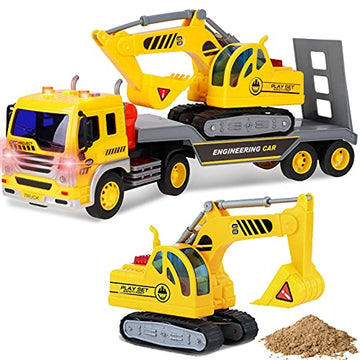 Liberty Imports Big Rig Tractor Trailer Low Boy Transport Flat Bed with Excavator Toy Trucks Combo, Semi Truck with Lights and Sounds, Flatbed Push
