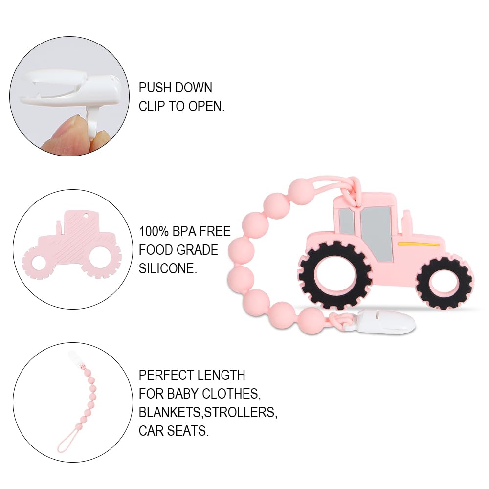Baby Tractor Teething Toys,Food Grade Silicone Teether with One-Piece Pacifier Clip Holder,Baby Gift,Highly Effective Pain Relief for 3 Months+ Boy