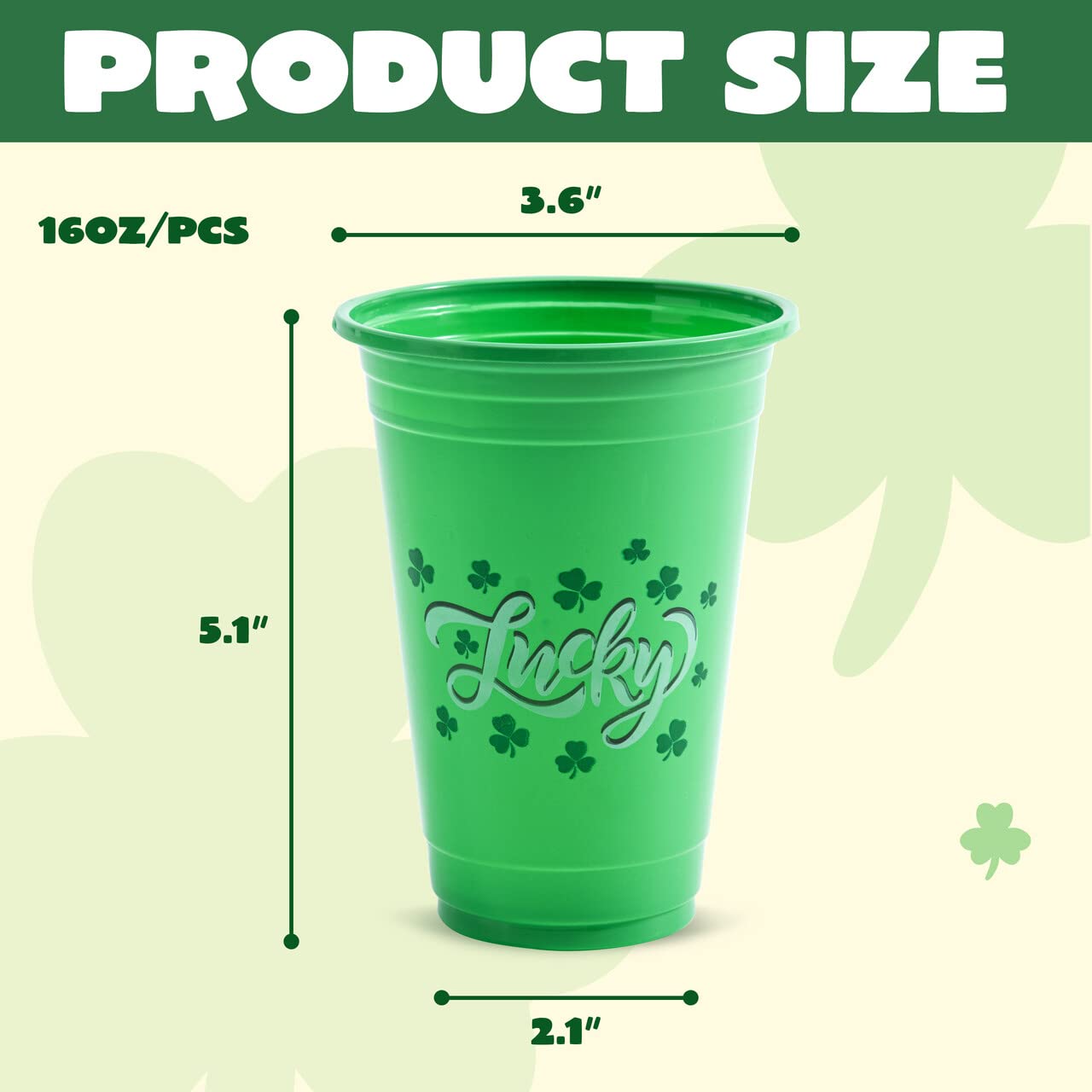 JOYIN 72 Pcs St.Patrick‘s Day 16 oz Cups, Green Disposable Plastic Lucky Clover Cups for Saint Patrick Party Supplies Set, Irish Lucky Day Party