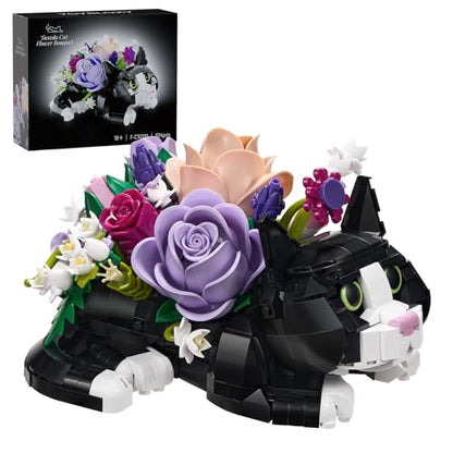 Tuxedo Cat Rose Bouquet Succulent Planter Building Blocks,Compatible with Lego Tuxedo Cat Flowers Pot,Creative Plants and Animals Decoration Rose