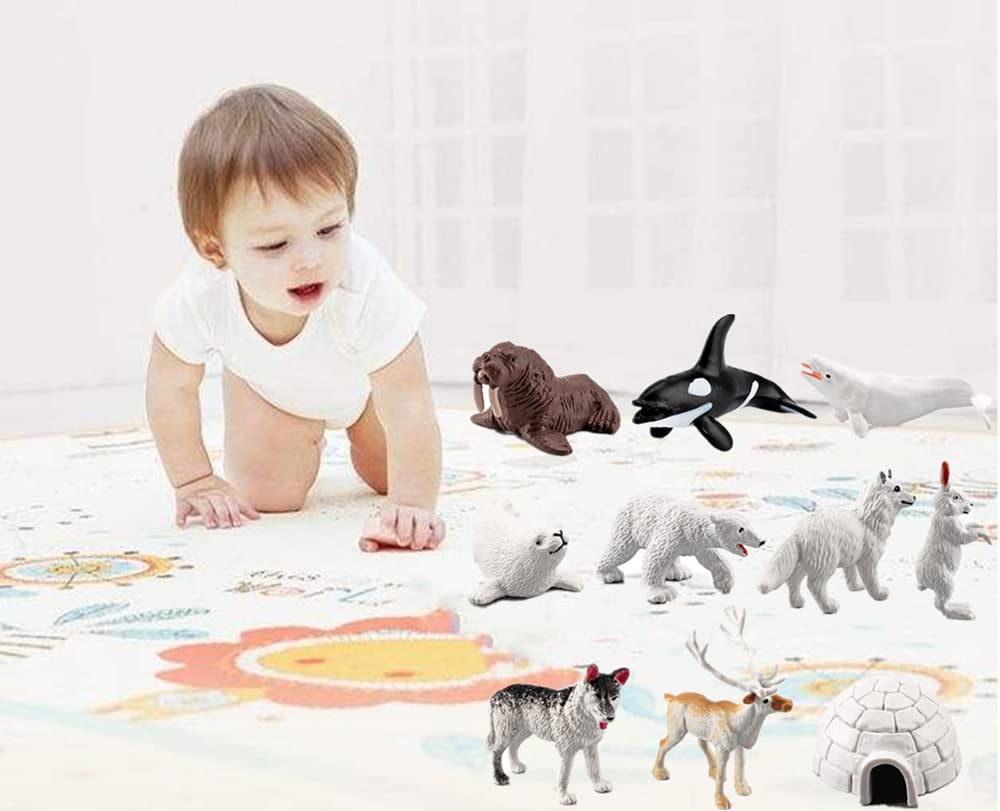 NatureMan Mini Arctic Animals Toys Set 10PCS Polar Animal Figurines Toy PlaysetIncludes Polar Bear Seal Reindeer Wolf Rabbit Arctic Fox Igloo