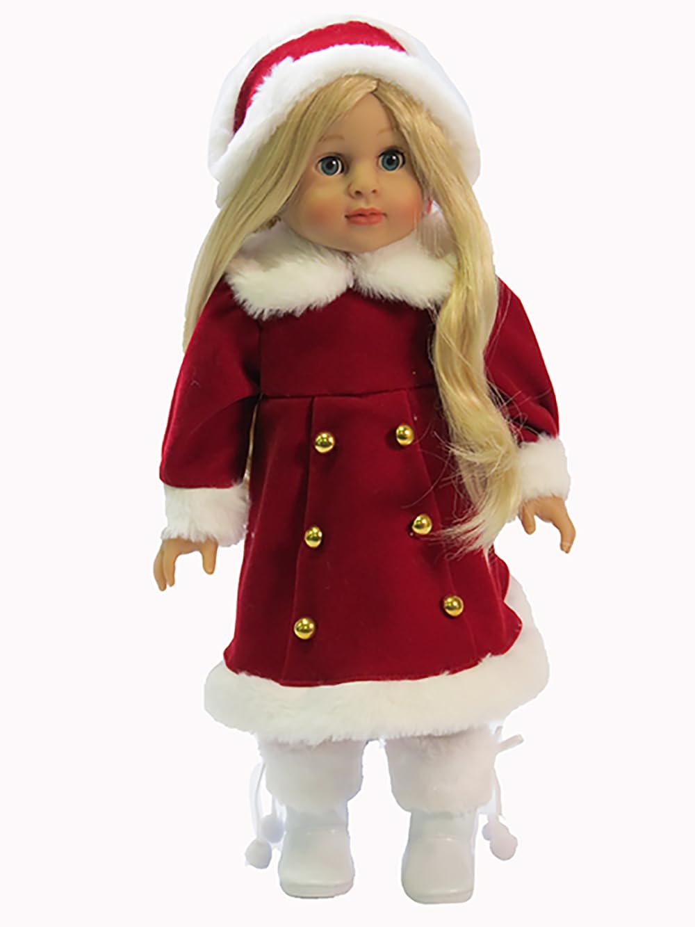 American Fashion World Red Coat with White Fur Trim & Matching Headpiece for 18 Inch Dolls - Winter Christmas Outfit with White Leggings