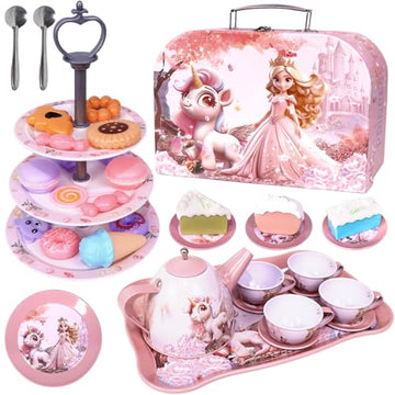 Unicorn Tea Party Set for Girls, Pretend Play Toy with Pink Tin Teapot, 4 Cups & Plates, Portable Carrying Case, Educational Gift for Toddlers Ages 3