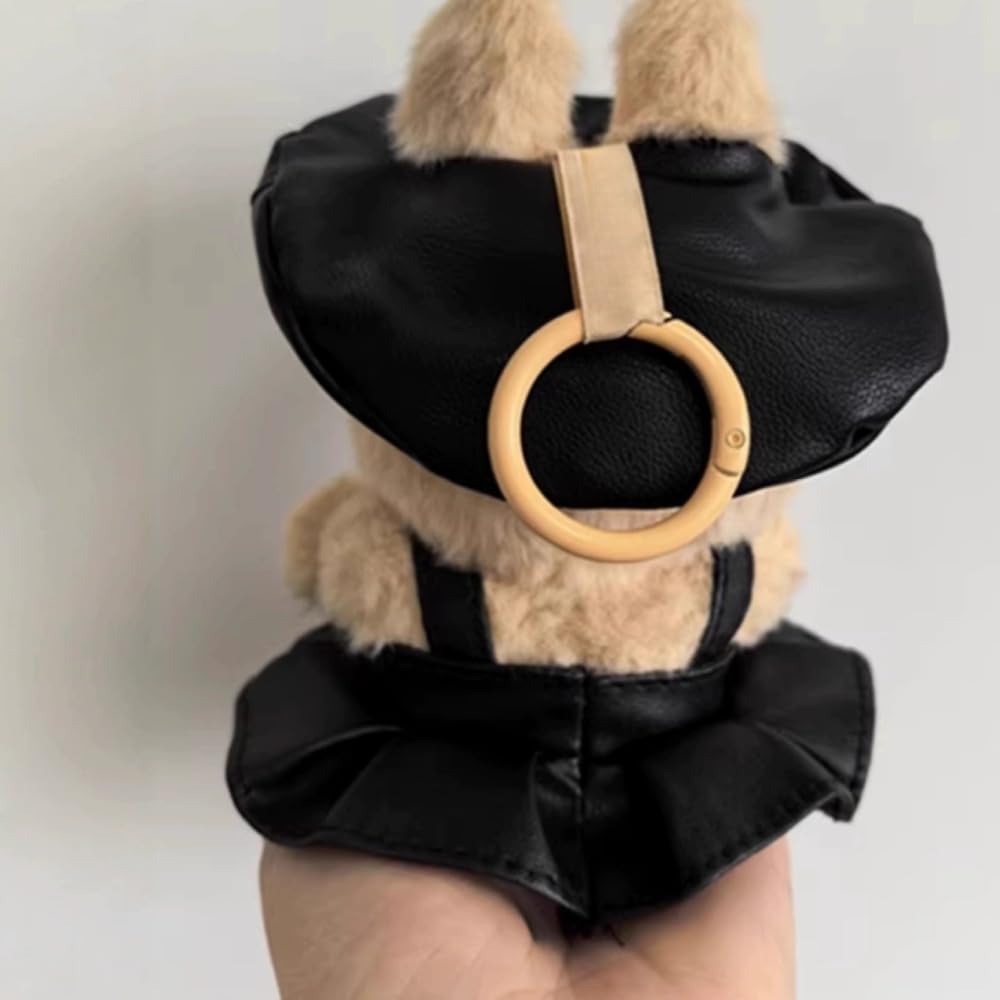 Clothes for Labubu Faux Leather Black Biker 2-Piece Set - Edgy Rock-Chic Kawaii Design Beret & Strap Mini Skirt for 17cm Dolls(No Doll) (Black)