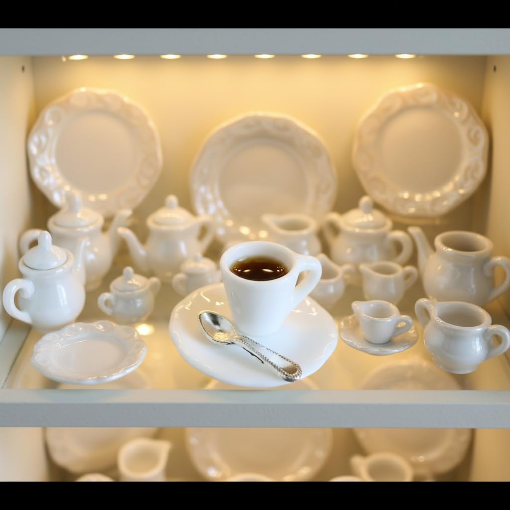 1:12 Scale Miniature Coffee Cup with Spoon and Plate - 1 Set Dollhouse Scene Accessory for DIY Summer Table Setting, Desktop Display, Realistic Resin