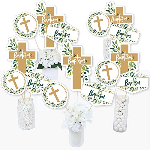 Big Dot of Happiness Baptism Elegant Cross - Religious Party Centerpiece Sticks - Table Toppers - Set of 15