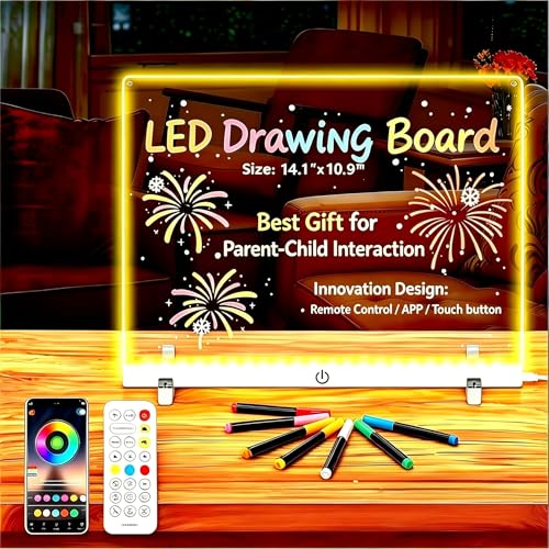 LED Drawing Board Control by APP/Remote/Music Syn/Touch Button, Doodle Glow, Acrylic Dry Erase Board with LED Light, Glowing Memo, Ideal
