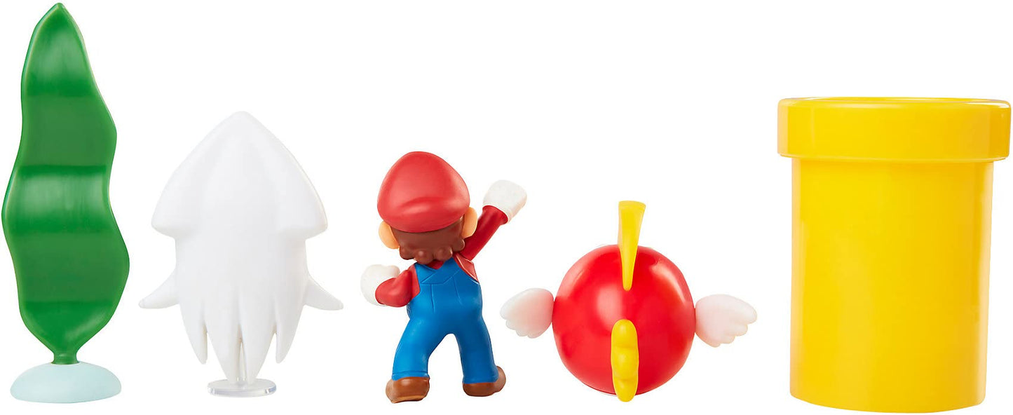 Nintendo Super Mario Underwater 2.5" Figure Diorama Play Set, Includes: Mario, Cheep-Cheep, Blooper, Mechanical Warp Pipe, Spinning Water Plant & Two