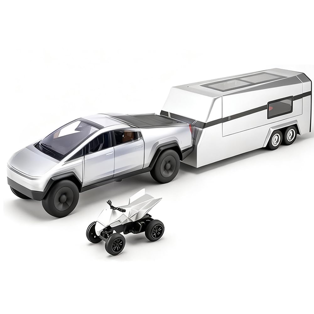 Cyber Style Truck Alloy Diecast Toys with Metal Trailer and Motorcycle Pull Back Pickup Model with Sound and Light Effect Race Car for Kid Adult Age