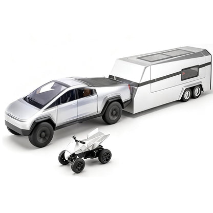 Cyber Style Truck Alloy Diecast Toys with Metal Trailer and Motorcycle Pull Back Pickup Model with Sound and Light Effect Race Car for Kid Adult Age