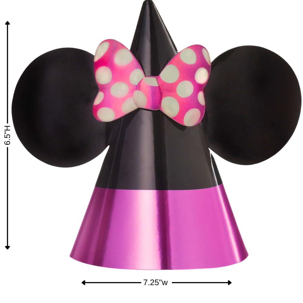 Minnie Mouse Forever Pink & Black Cone Hats - 7.25" x 6.5" (8 Pcs) - Vibrant Foil & Paper Party Accessories for Kids Themed-Parties & Events