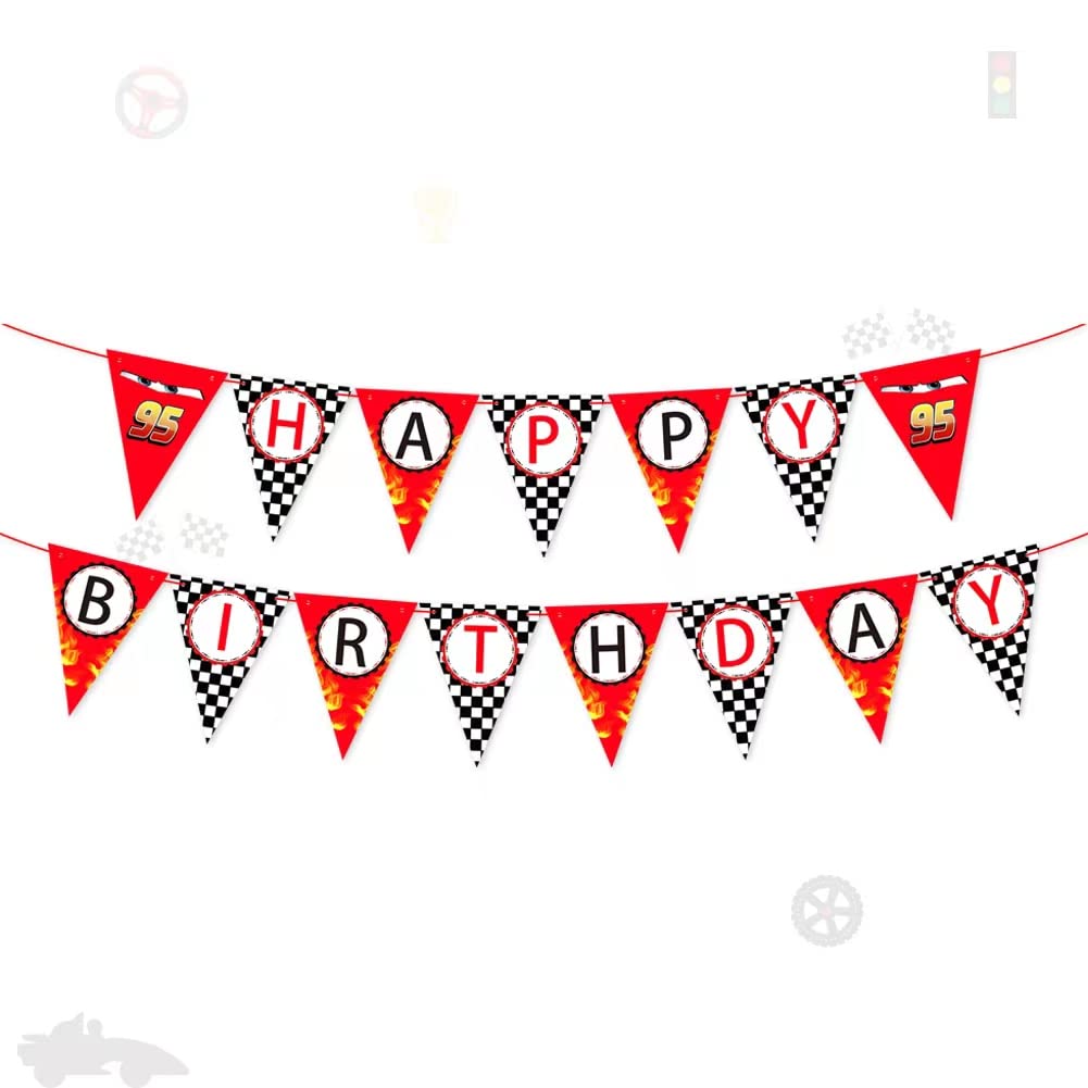 Race Car Happy Birthday Banner - Racing Themed Party Sign, Checkered Flag Decorations