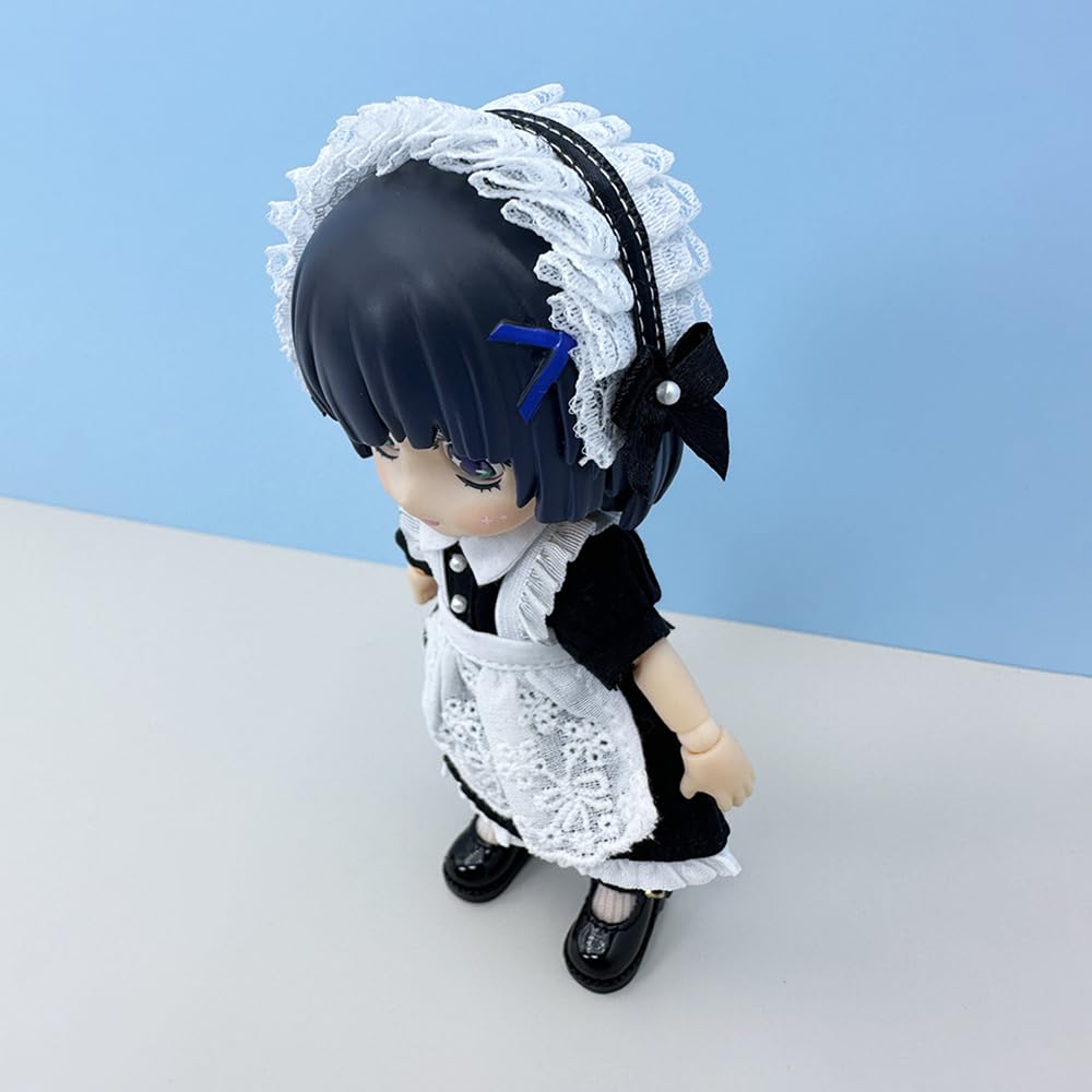 niannyyhouse 1/12 BJD Doll Clothes Headwear Dress Apron Shoes Socks Maid Outfit OB11 4.3in Action Figures Doll Dressup (Black)