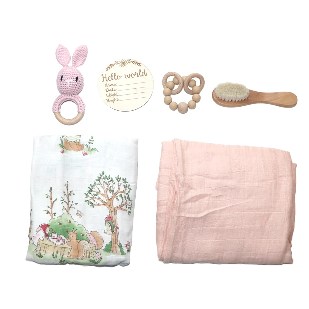 DI'FRANT® Newborn Baby Gift Box | Baby Essentials Educational Teething Toy & Soothing Crochet Rattle Set |Baby Boy Stuff Bamboo & Cotton | Perfect