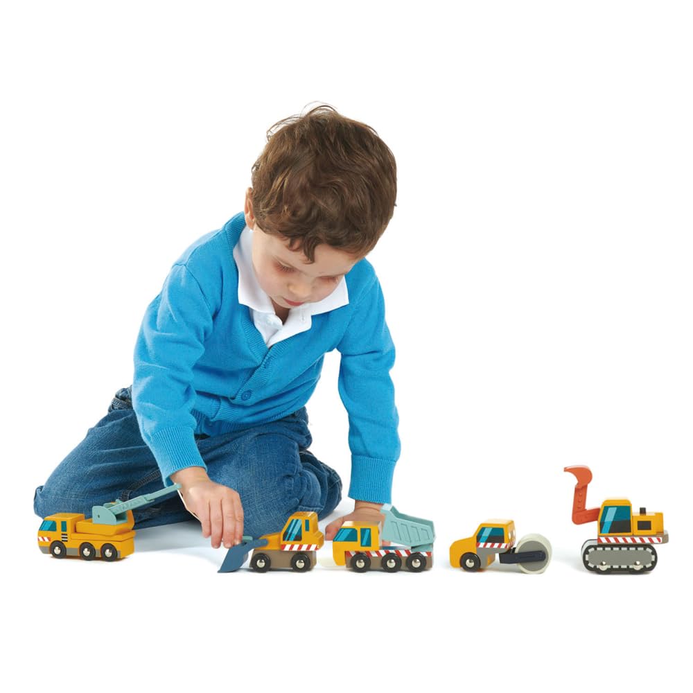 Tender Leaf Toys - Construction Site - Four Heavy Vehicles with Crane Truck, Road Roller, Dump Truck and Front Loader - Build Your Own Construction