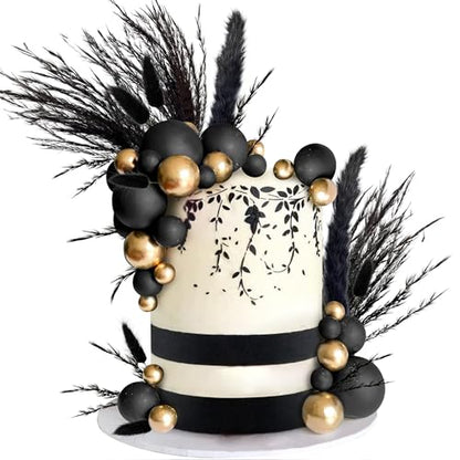 40 PCS Black Gold Cake Toppers Ball Cake Decoration Boho Bunny Tails Reed Grass Cake Decoration for Boho Wedding Birthday Baby Shower Party Cake